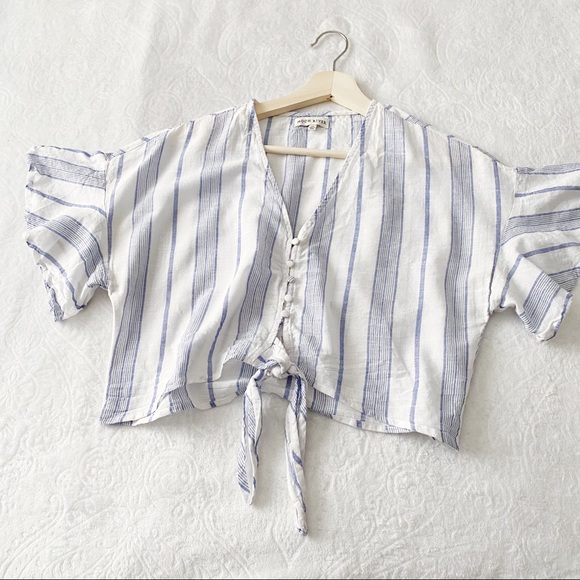 Moon River White Cotton + Blue Stripe Button Down Tied Waist Top - Picture 3 of 11